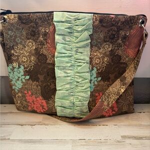 Floral Ruffle Shoulder Bag in Mint and Brown
